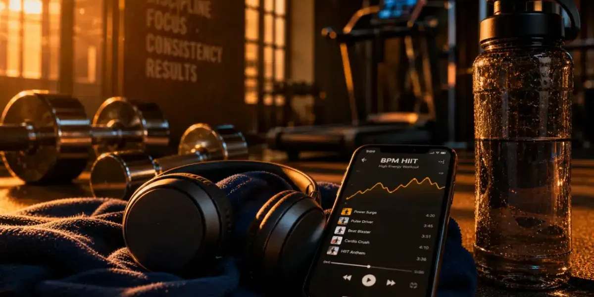 Musique fitness BPM : smartphone et casque sur une playlist HIIT