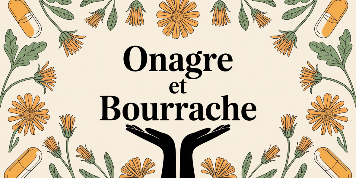 Capsules d'onagre et bourrache avec fleurs et mains ouvertes