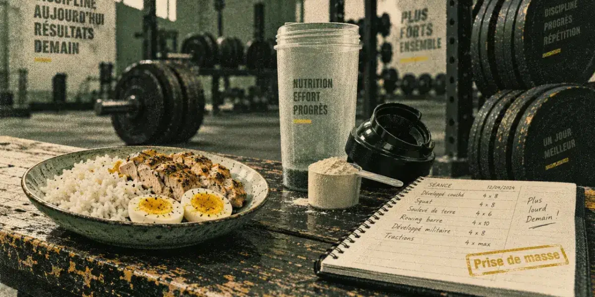 Prise de masse musculaire : riz, poulet, œufs et shaker en salle de sport