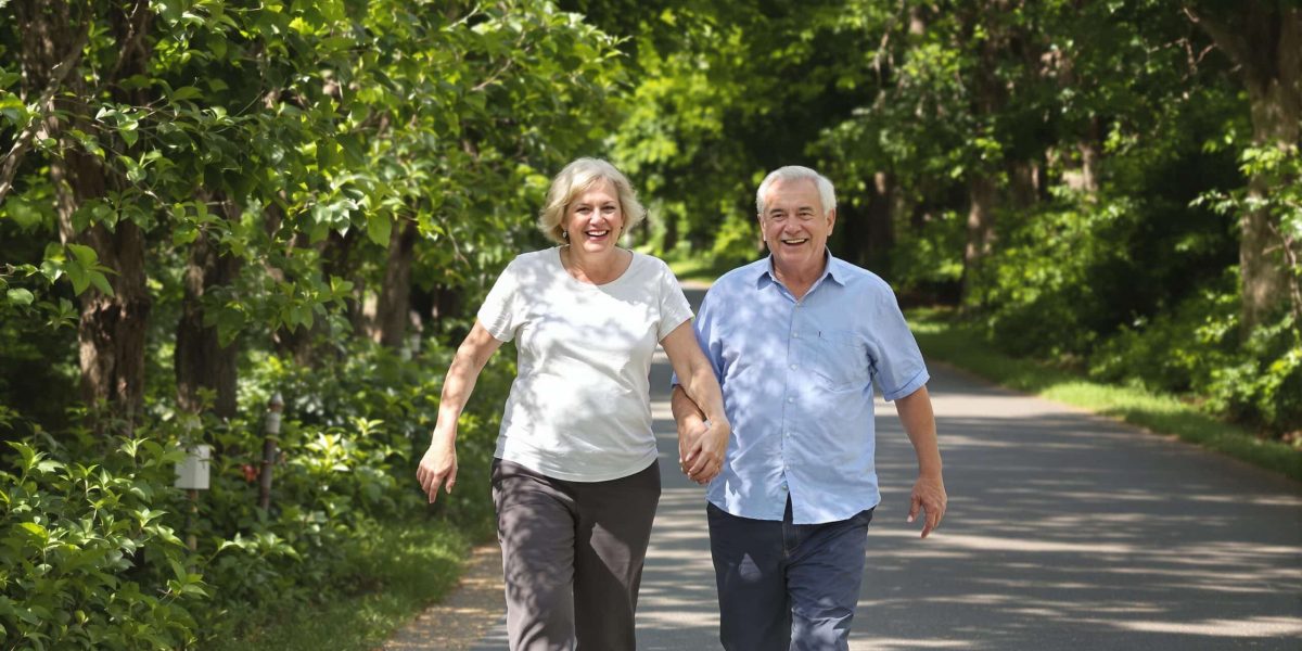 Jeffing à 65 ans : une personne âgée pratiquant le Jeffing, une alternance de marche dynamique et course légère en pleine nature